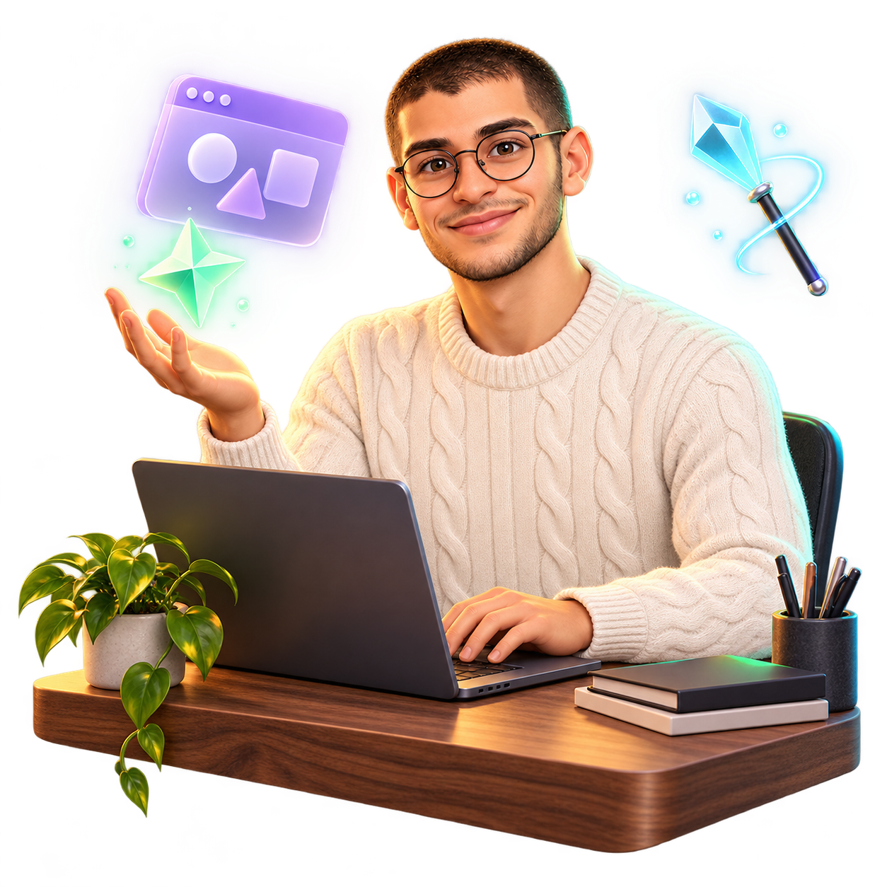 Ilustração 3D de Felipe criando no notebook, com uma estrela, uma janela de aplicativo e uma varinha flutuando ao redor