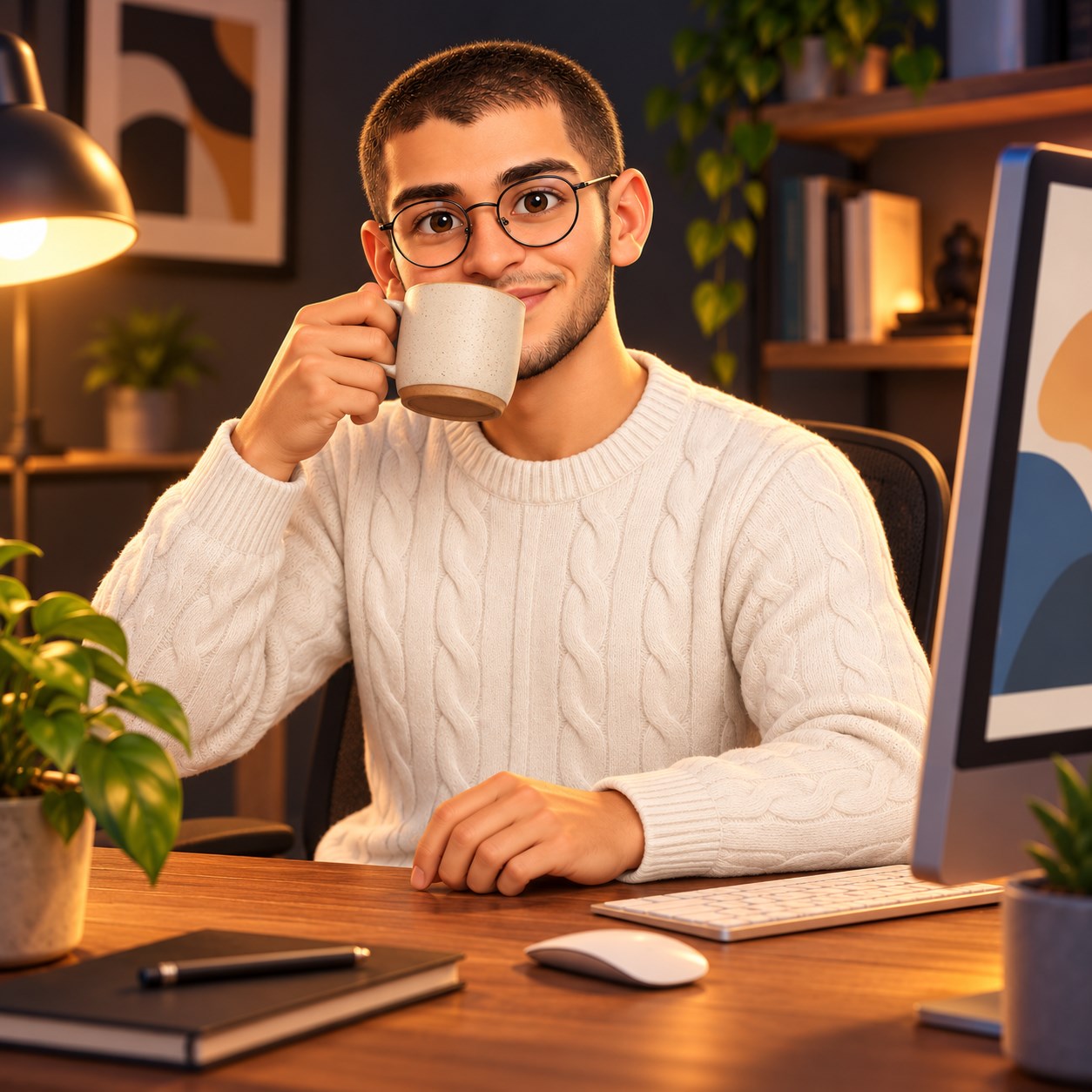 Ilustração 3D de Felipe Fidalgo tomando café diante do computador, em uma mesa de madeira com iluminação quente